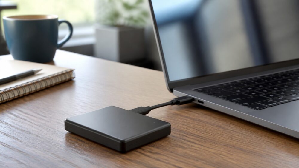 Ilustración de un SSD externo conectado a una notebook para trabajar y hacer copias de archivos.