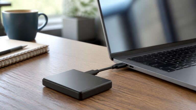 Ilustración de un SSD externo conectado a una notebook para trabajar y hacer copias de archivos.