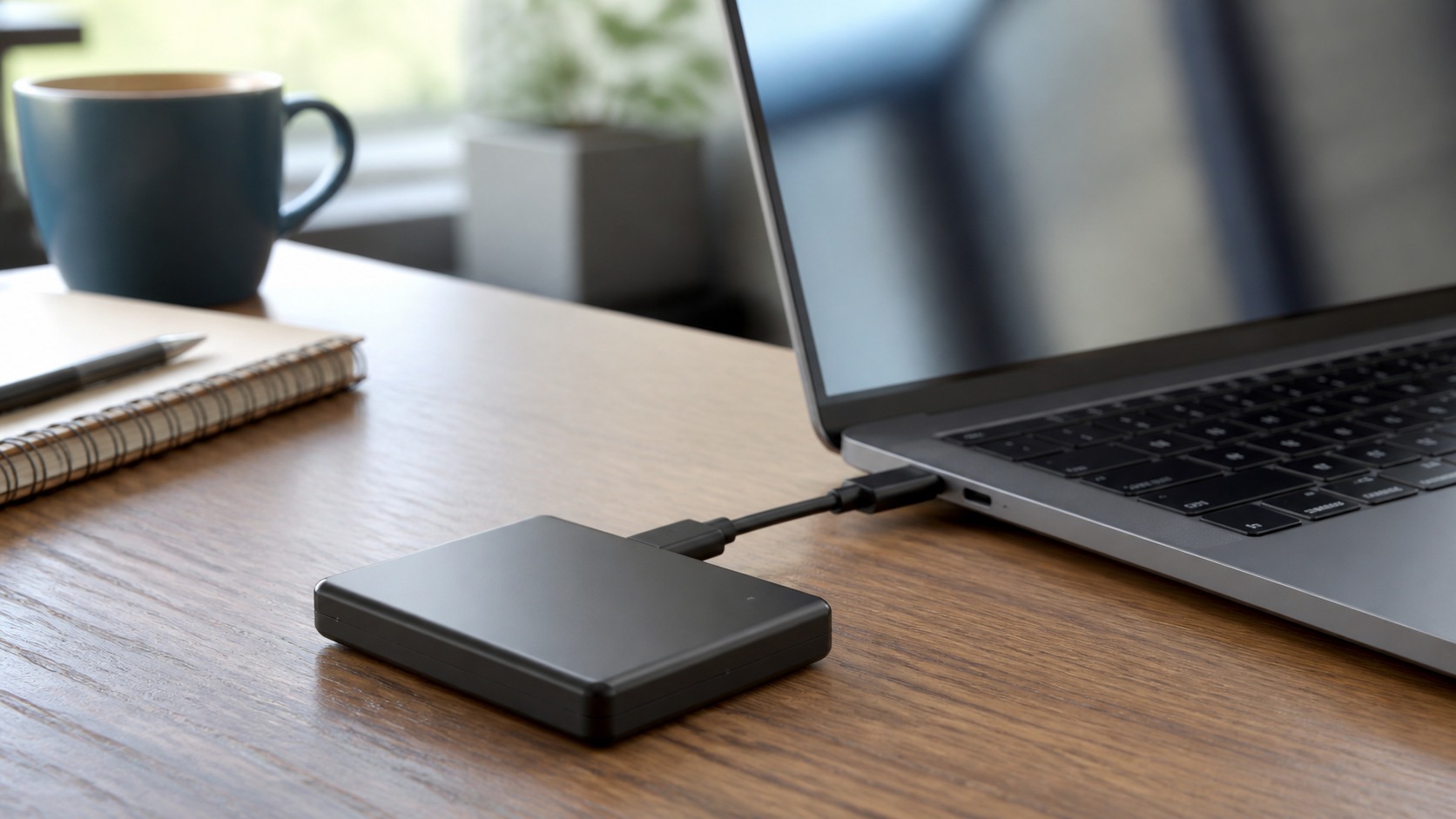 Ilustración de un SSD externo conectado a una notebook para trabajar y hacer copias de archivos.