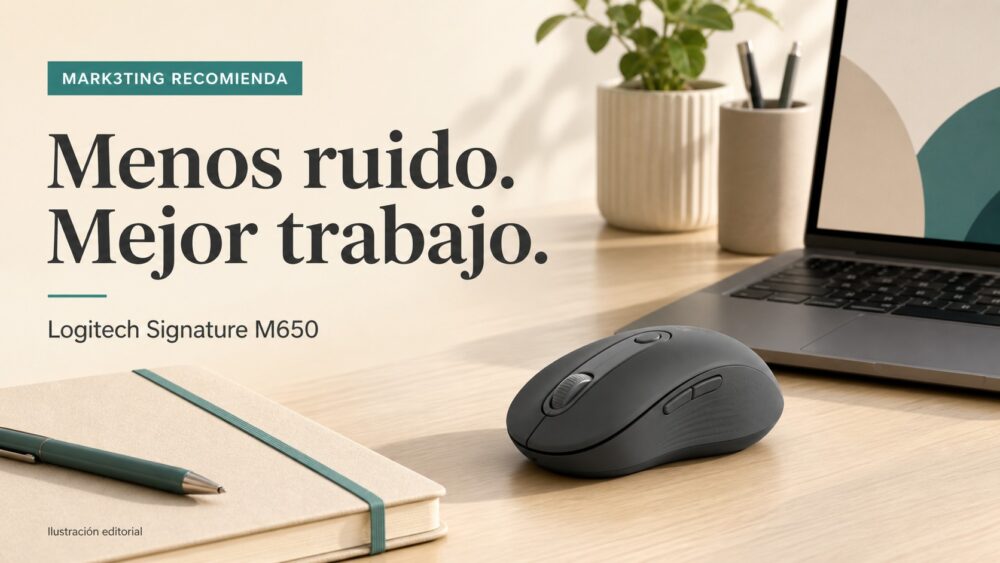 Ilustración editorial de un mouse de oficina junto a una notebook para la nota sobre Logitech Signature M650