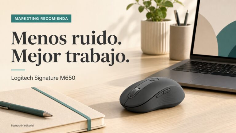 Ilustración editorial de un mouse de oficina junto a una notebook para la nota sobre Logitech Signature M650