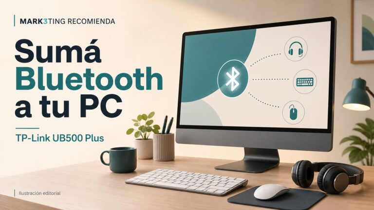 Ilustración de un escritorio con periféricos Bluetooth para la nota sobre TP-Link UB500 Plus.